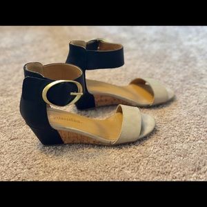 Tan and black wedged sandals